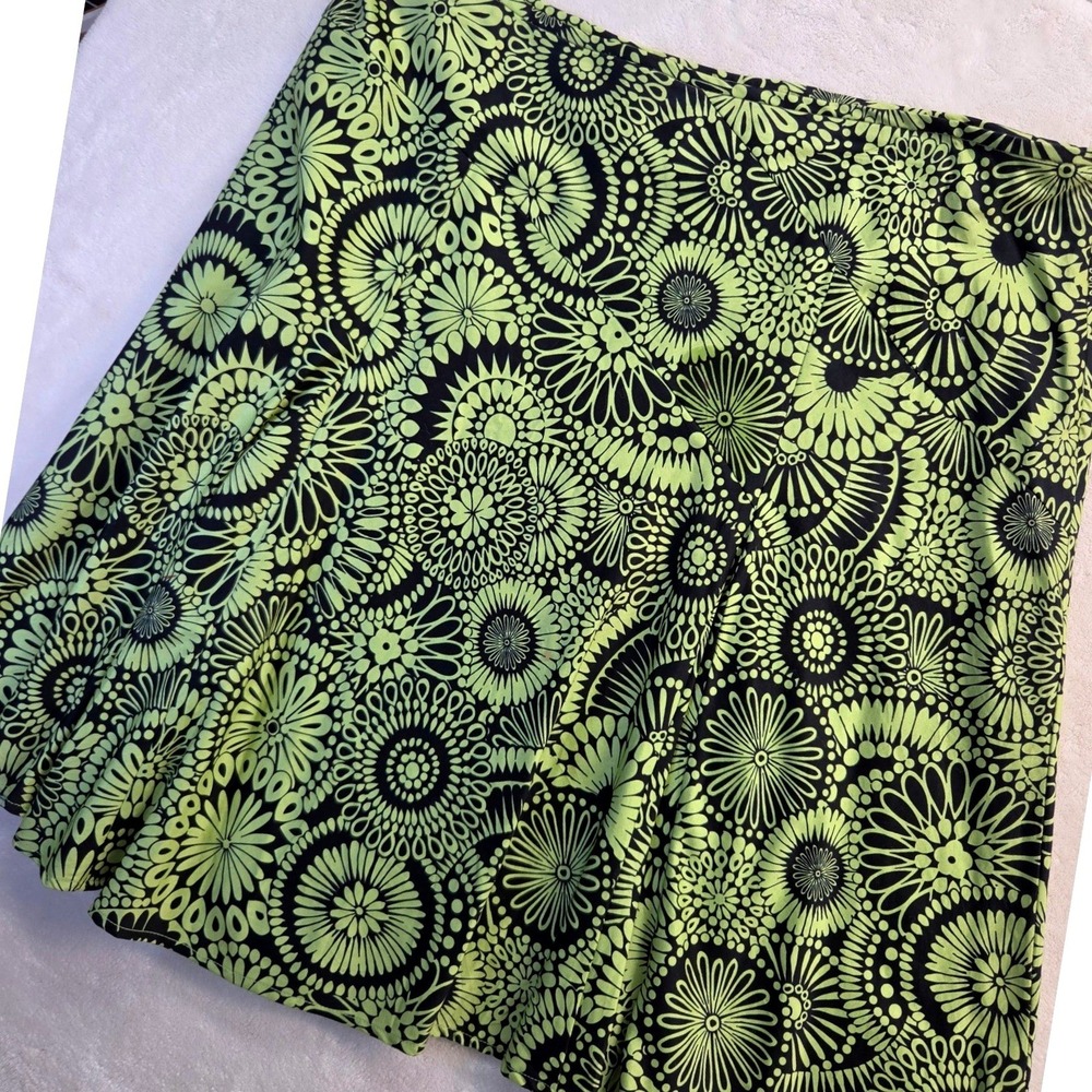 George A-Line Skirt Women 18 Lime Green Black Floral Medallion Cotton Retro Mod